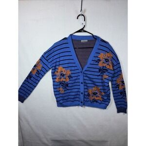 Joseph A Cardigan Sweater Womens Medium Blue Floral Striped V-Neck Button Front